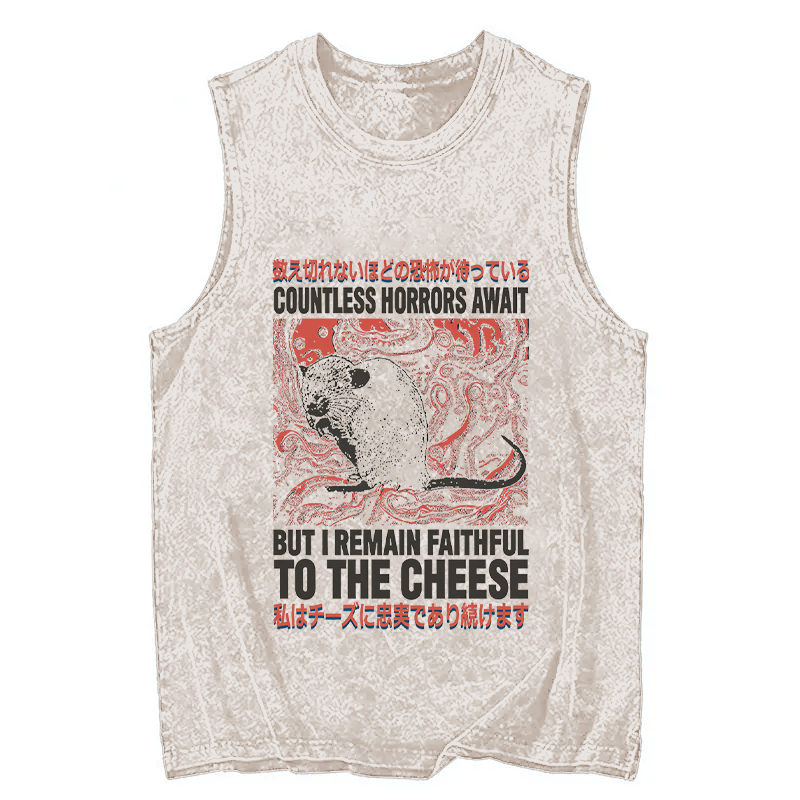 Modecanvas Countless Horrors Await But Remain Faithful to the Cheese DTG Printing Washed Tank-modecanvas