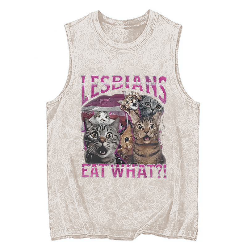 Modecanvas Lesbians Eat What?! Funny DTG Printing Washed Tank-modecanvas
