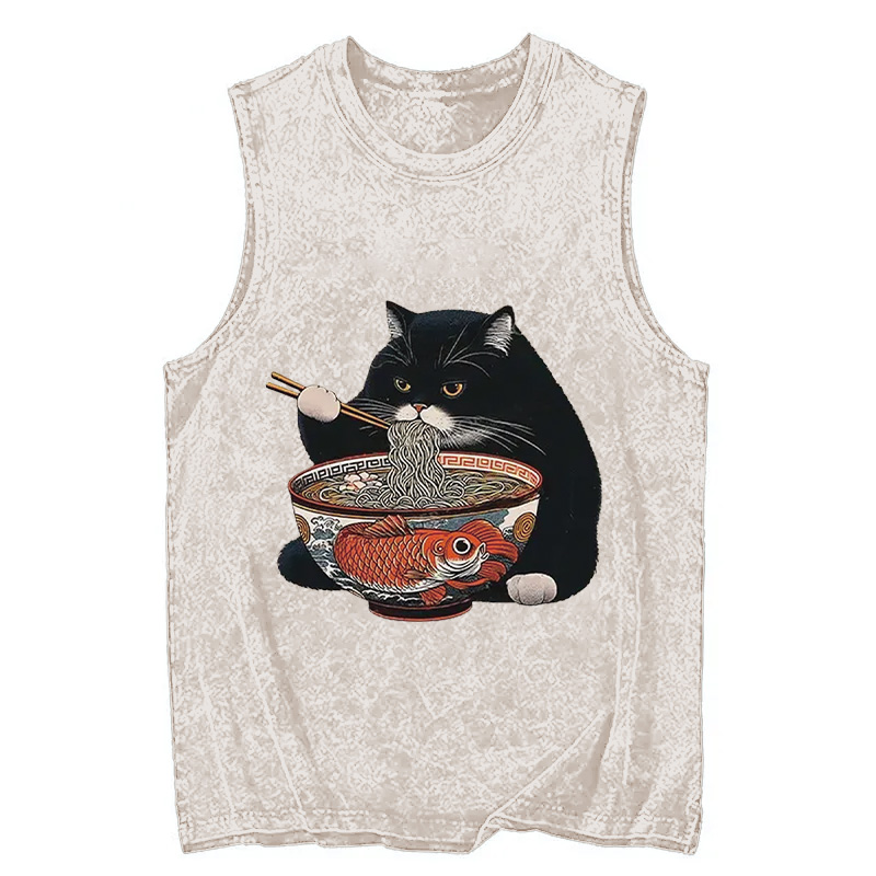Modecanvas Fat Cat Eating Ramen DTG Printing Washed Tank-modecanvas