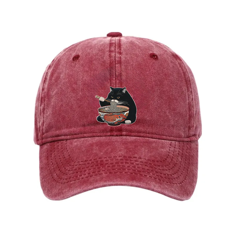 Modecanvas Fat Cat Eating Ramen Washed Cap-modecanvas
