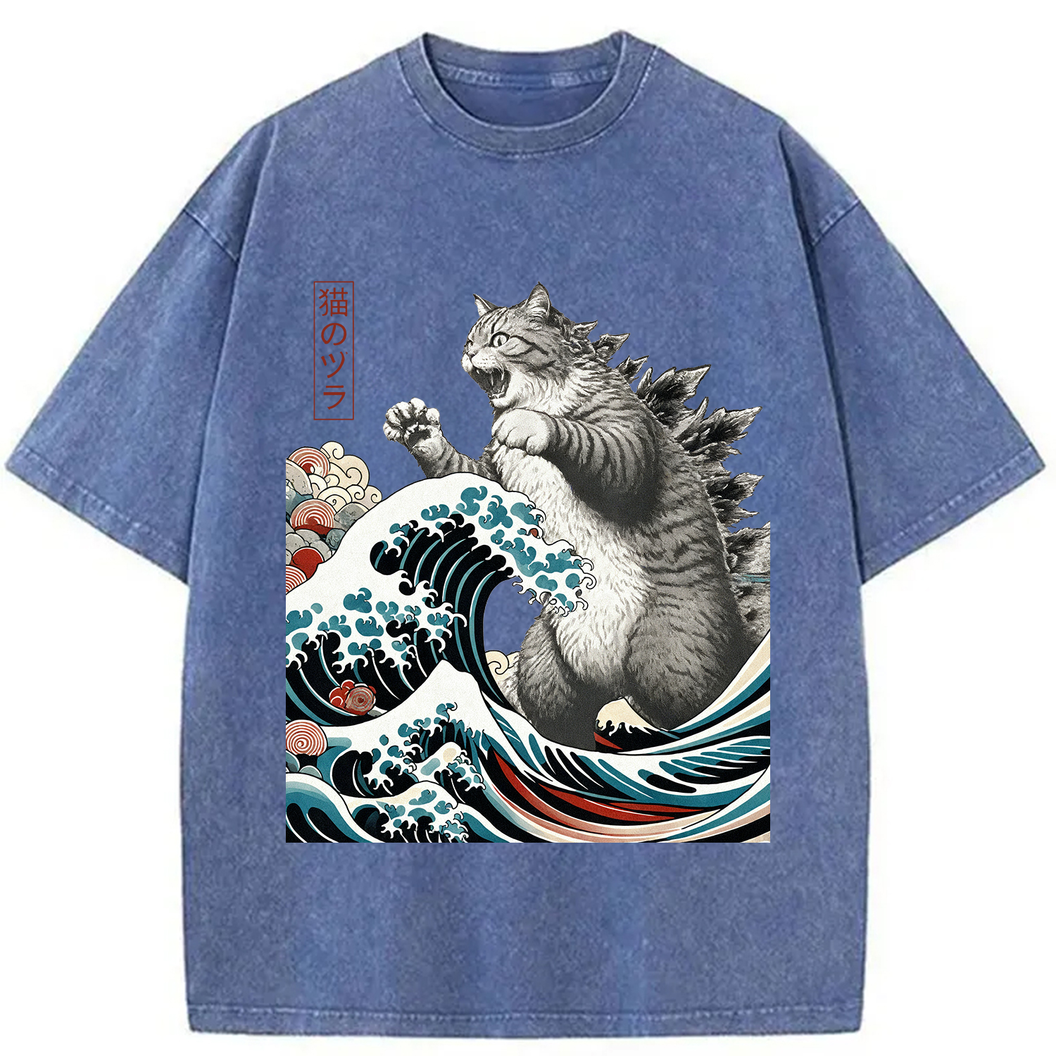 Modecanvas Cat Ukiyoe Great Wave Vintage Japanese Design Washed T-Shirt-modecanvas