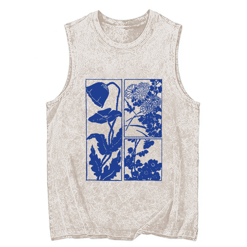 Modecanvas Woodcut Flowers DTG Printing Washed Tank-modecanvas