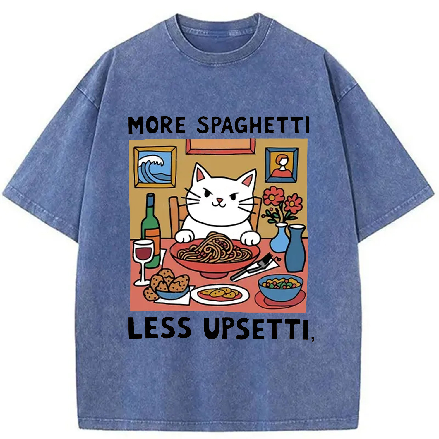 Modecanvas Cat Eating Spaghetti Washed T-Shirt