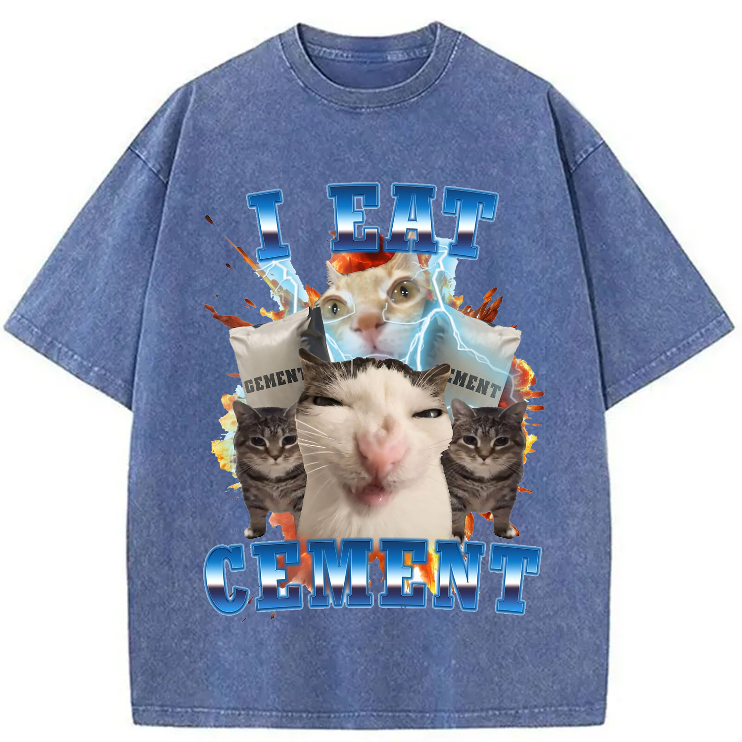 Modecanvas I Eat Cement Funny Cat Meme Washed T-Shirt-modecanvas