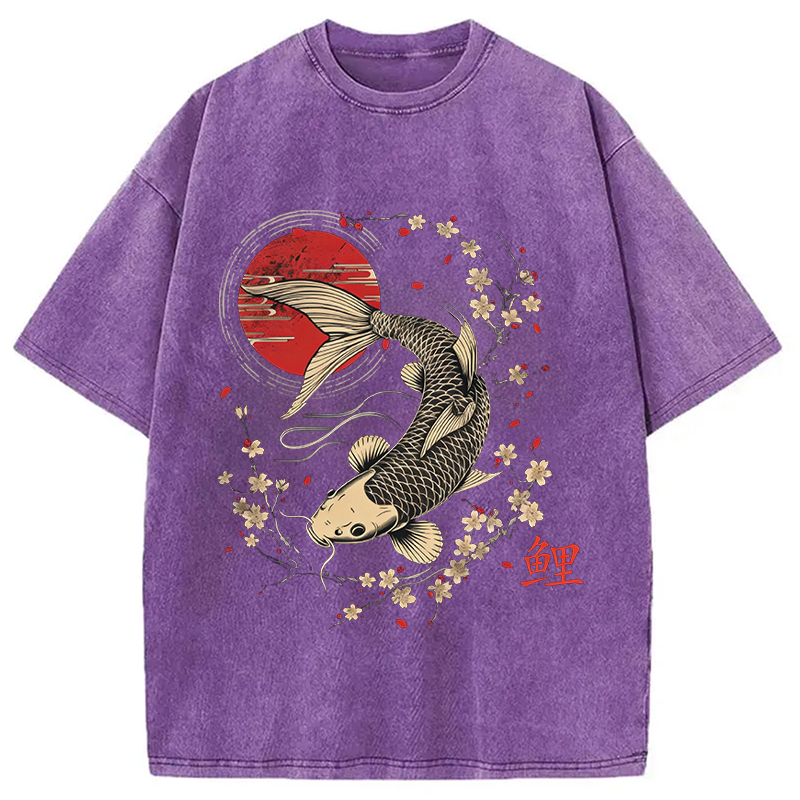 Modecanvas Kersenbloesem Koi Karper Washed T-Shirt-modecanvas