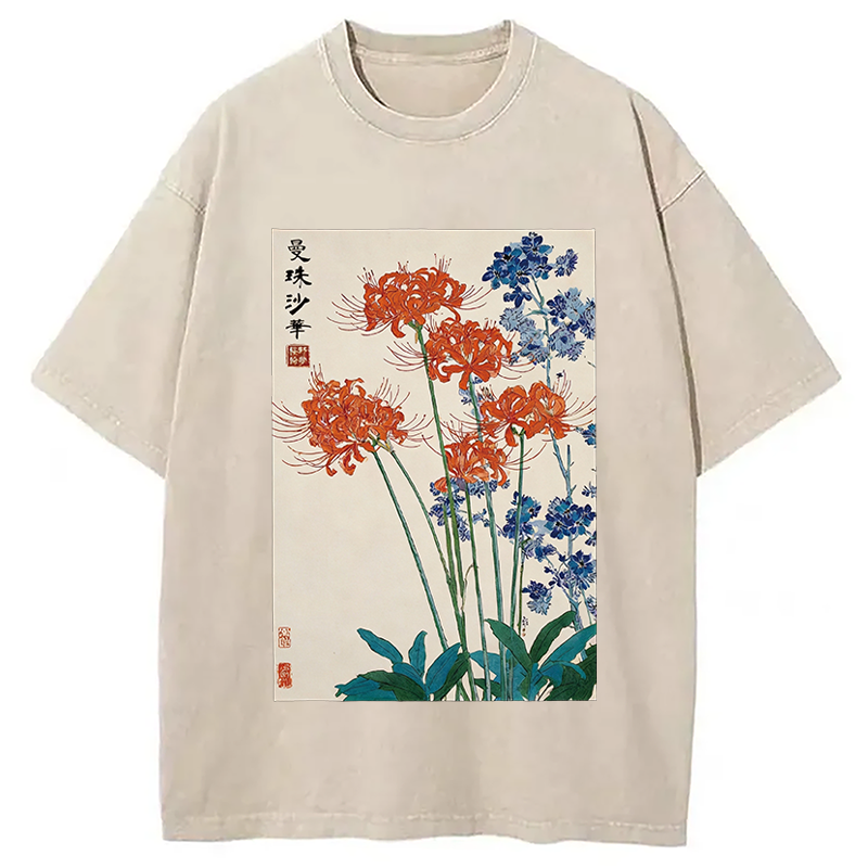 Modecanvas Red Spider Lily Bloom DTG Printing Washed T-Shirt