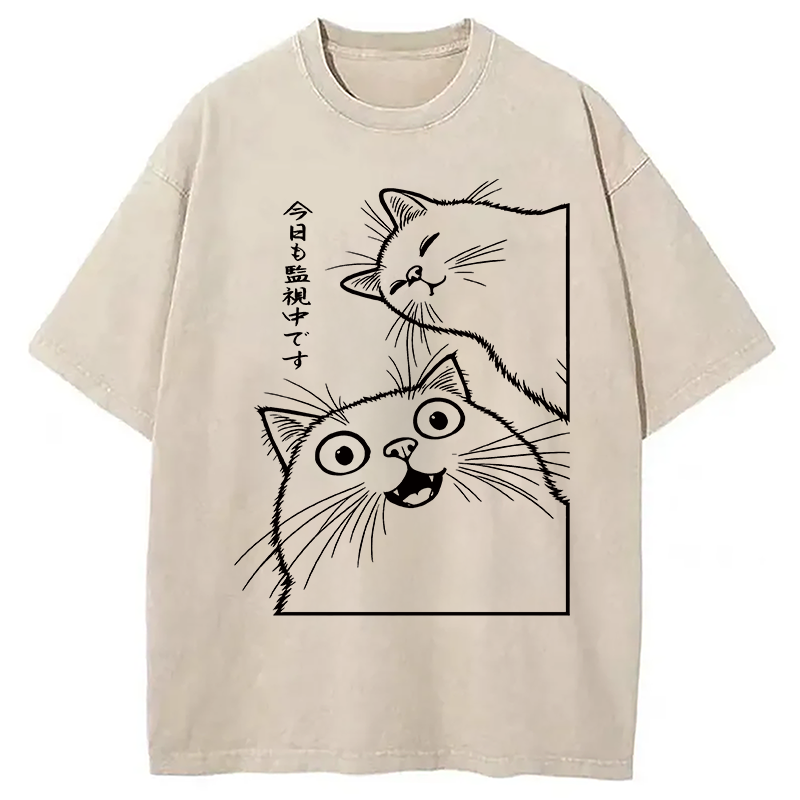 Modecanvas Two Cats Are Watching DTG Printing Washed T-Shirt