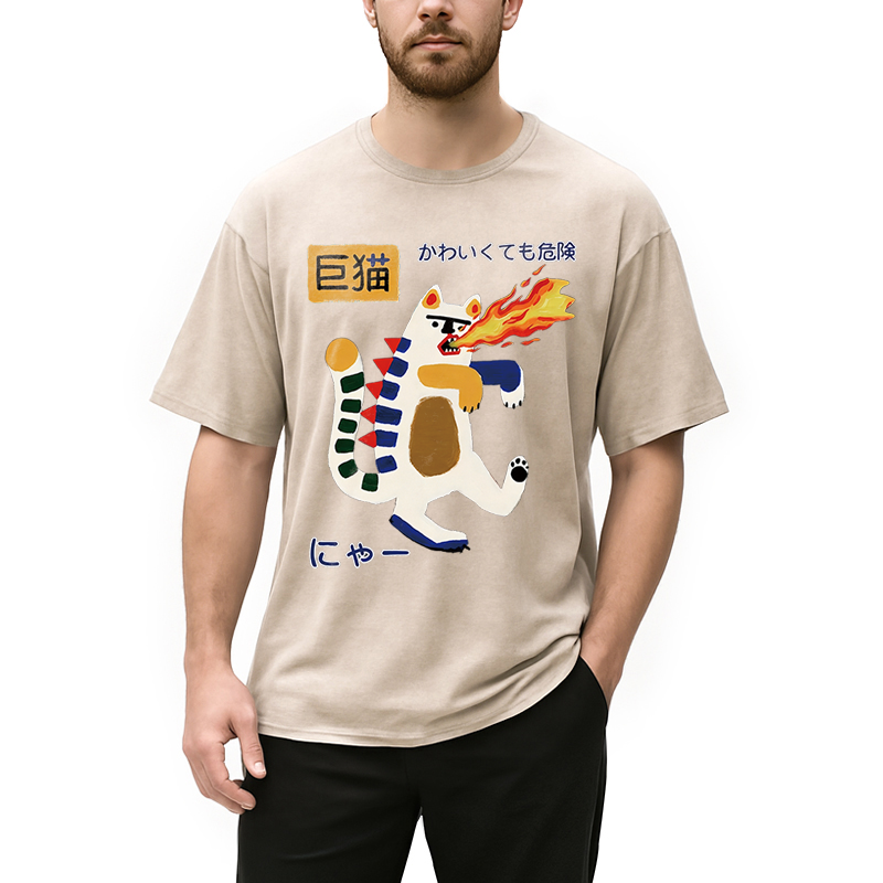 Modecanvas Fire-breathing Giant Cat DTG Printing Washed T-Shirt