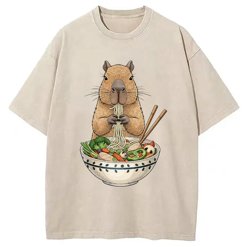 Modecanvas Funny Capybara Eating Ramen DTG Printing Washed T-Shirt