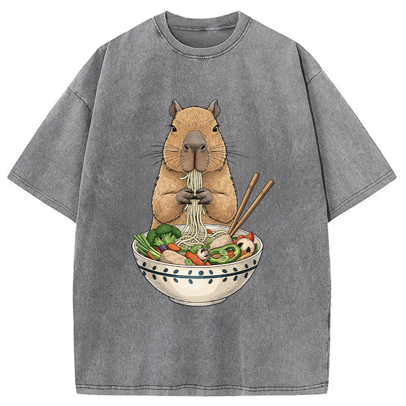 Modecanvas Funny Capybara Eating Ramen DTG Printing Washed T-Shirt