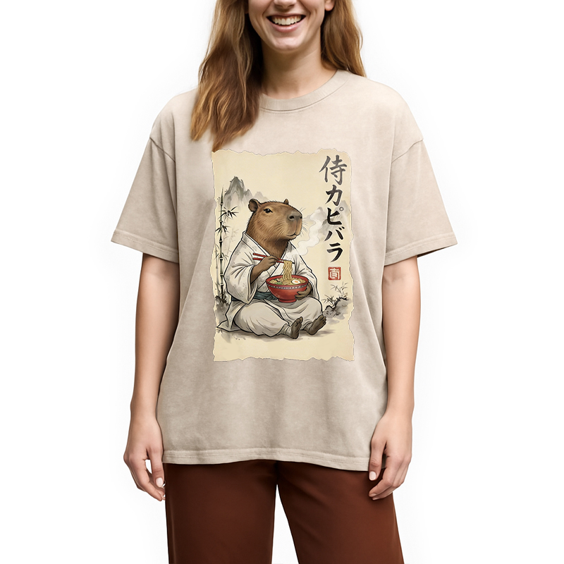 Modecanvas Funny Capybara Ramen DTG Printing Washed T-Shirt