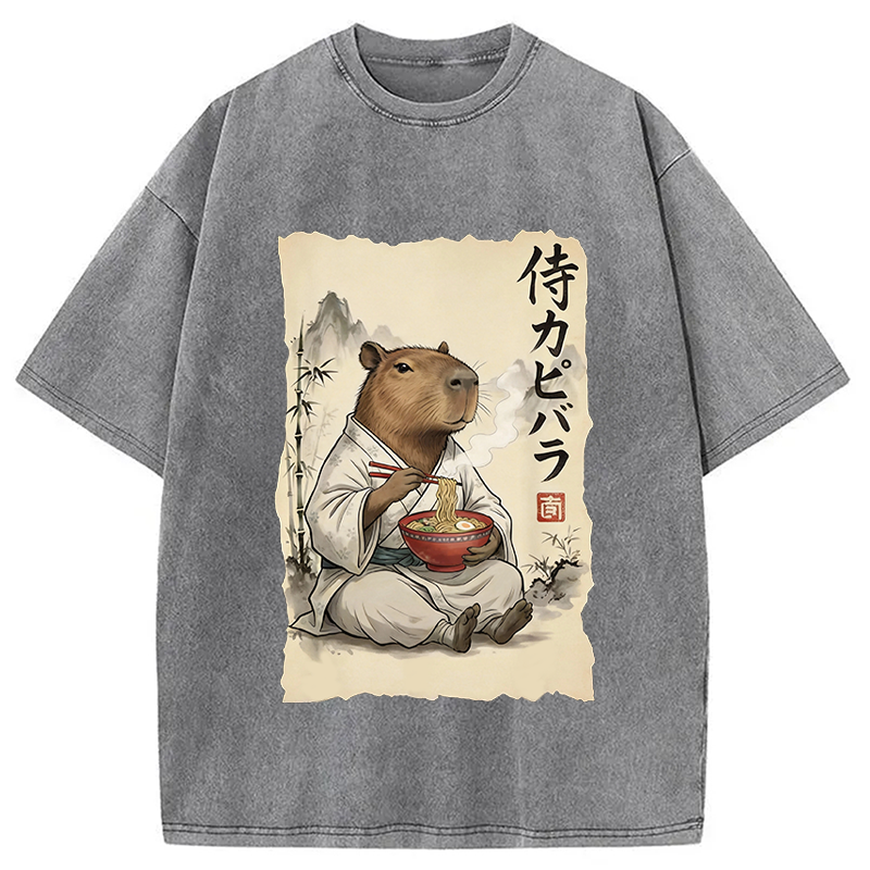 Modecanvas Funny Capybara Ramen DTG Printing Washed T-Shirt