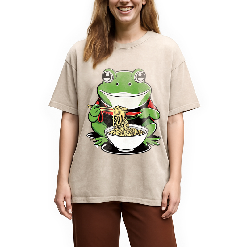 Modecanvas Cute Frog Eating Ramen DTG Printing Washed T-Shirt