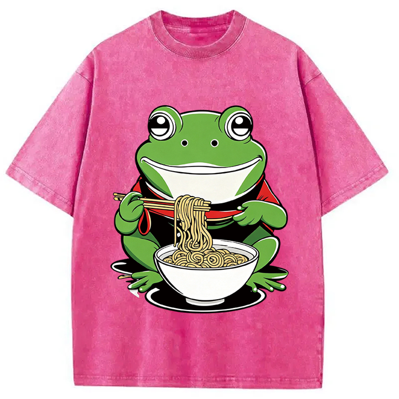 Modecanvas Cute Frog Eating Ramen DTG Printing Washed T-Shirt