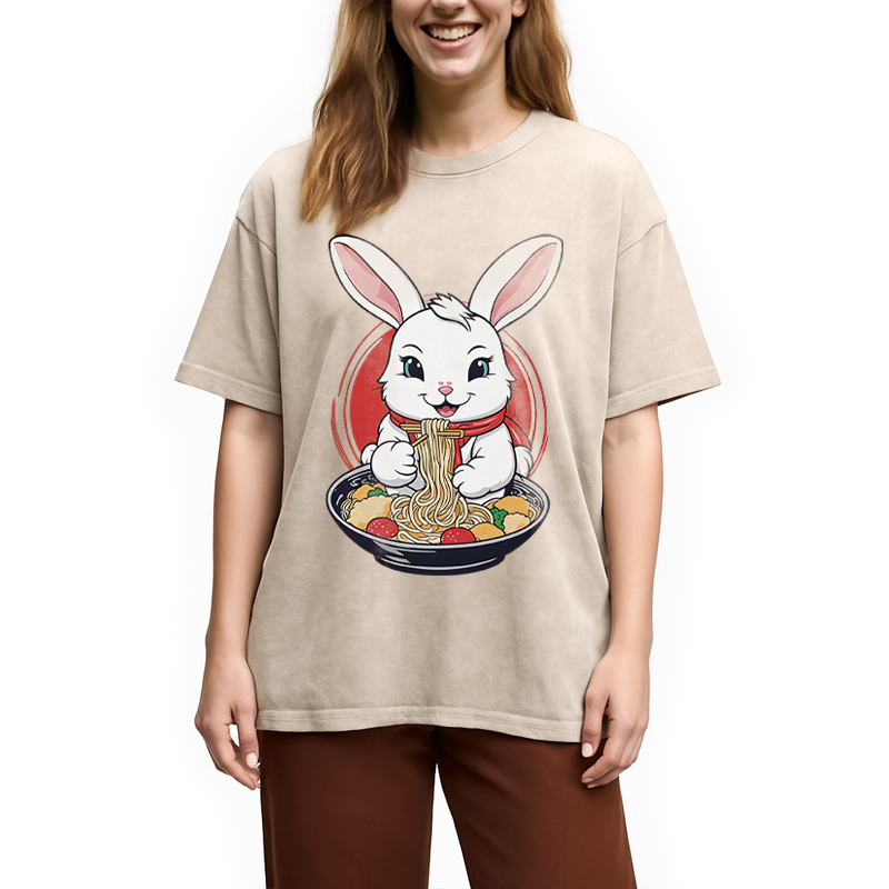 Modecanvas Cute Kawaii Rabbit Eating Ramen DTG Printing Washed T-Shirt
