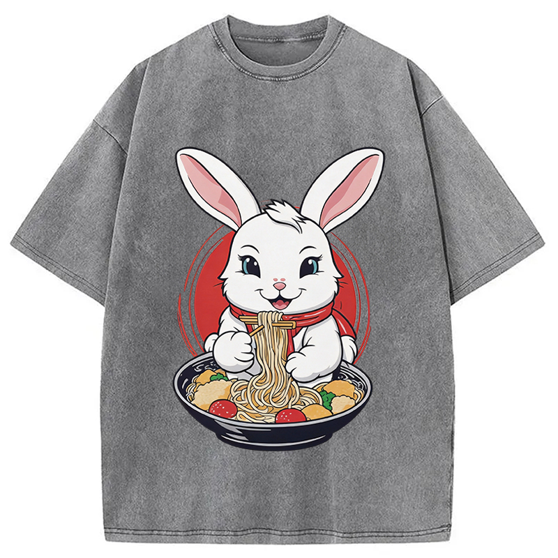 Modecanvas Cute Kawaii Rabbit Eating Ramen DTG Printing Washed T-Shirt