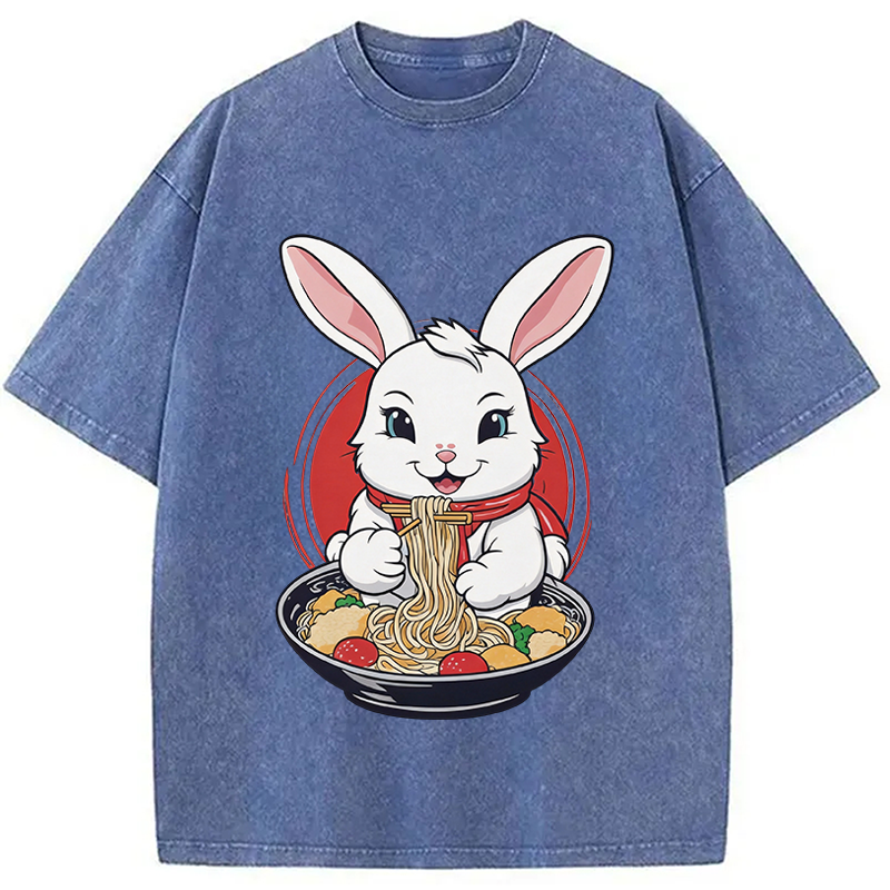 Modecanvas Cute Kawaii Rabbit Eating Ramen DTG Printing Washed T-Shirt