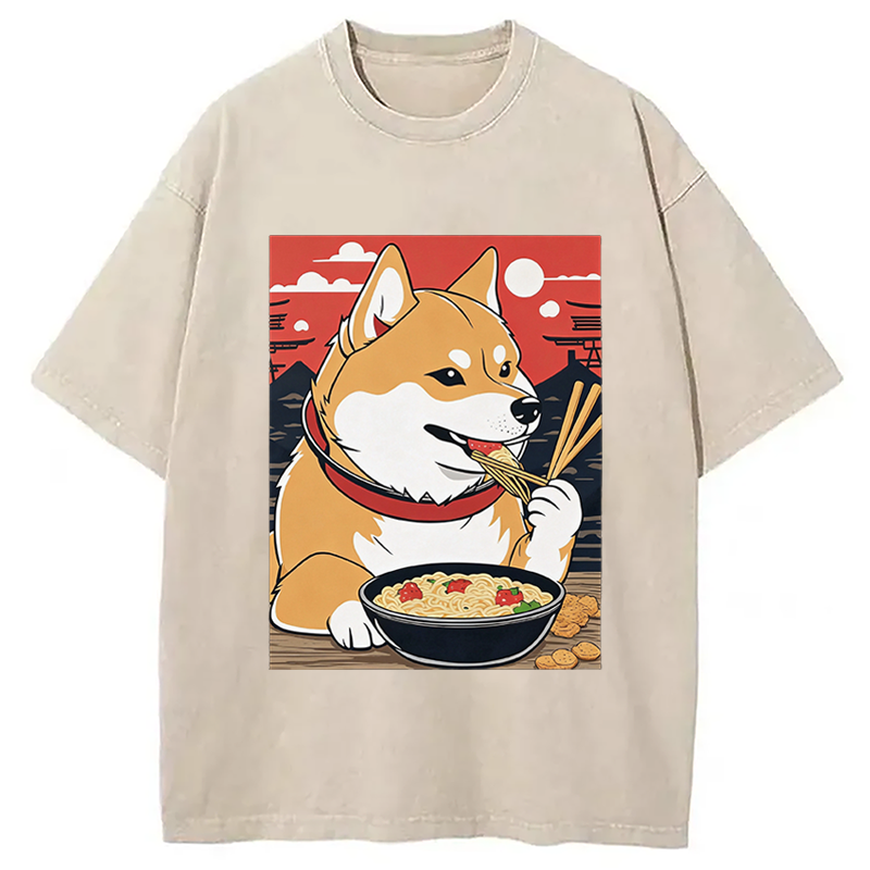 Modecanvas Cute Shiba Inu Dog Eating Ramen DTG Printing Washed T-Shirt