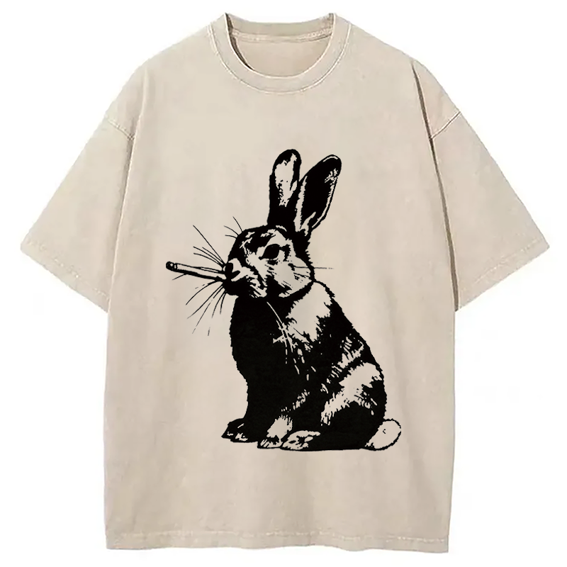 Modecanvas Funny Rabbit Smoking DTG Printing Washed T-Shirt