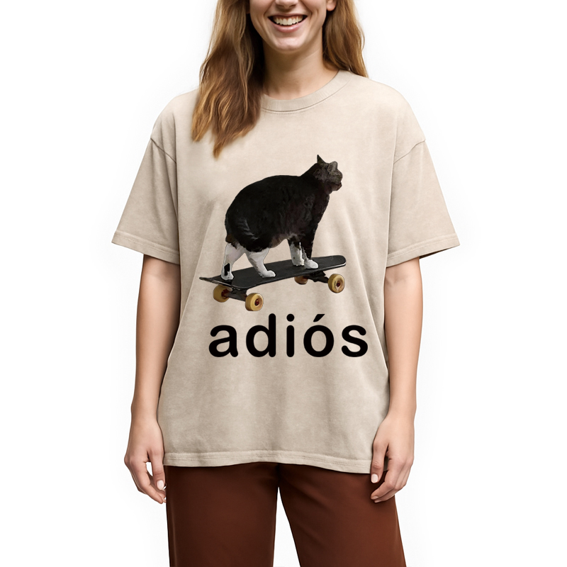 Modecanvas Adios Funny Cat Meme DTG Printing Washed T-Shirt