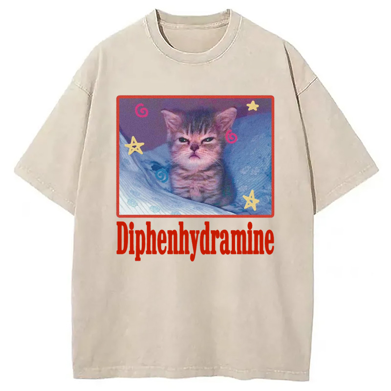 Modecanvas Diphenhydramine Cat Meme Washed T-Shirt-modecanvas