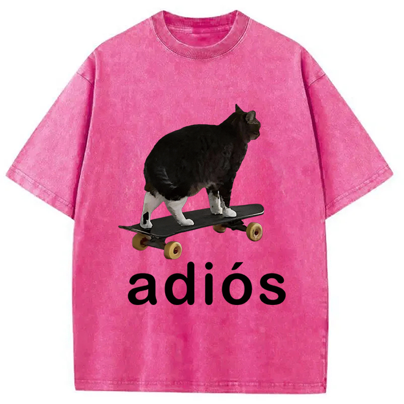 Modecanvas Adios Funny Cat Meme DTG Printing Washed T-Shirt