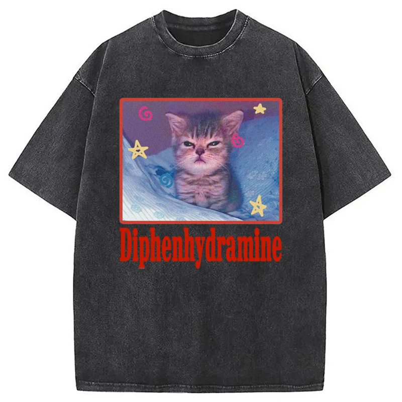 Modecanvas Diphenhydramine Cat Meme Washed T-Shirt-modecanvas