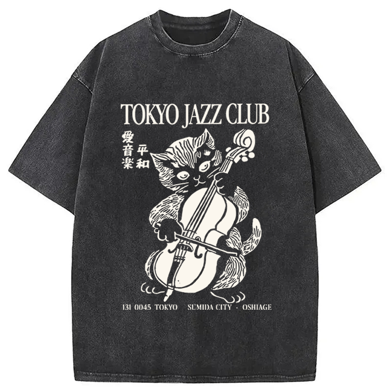 Modecanvas Tokyo Jazz Kitty DTG Printing Washed T-Shirt