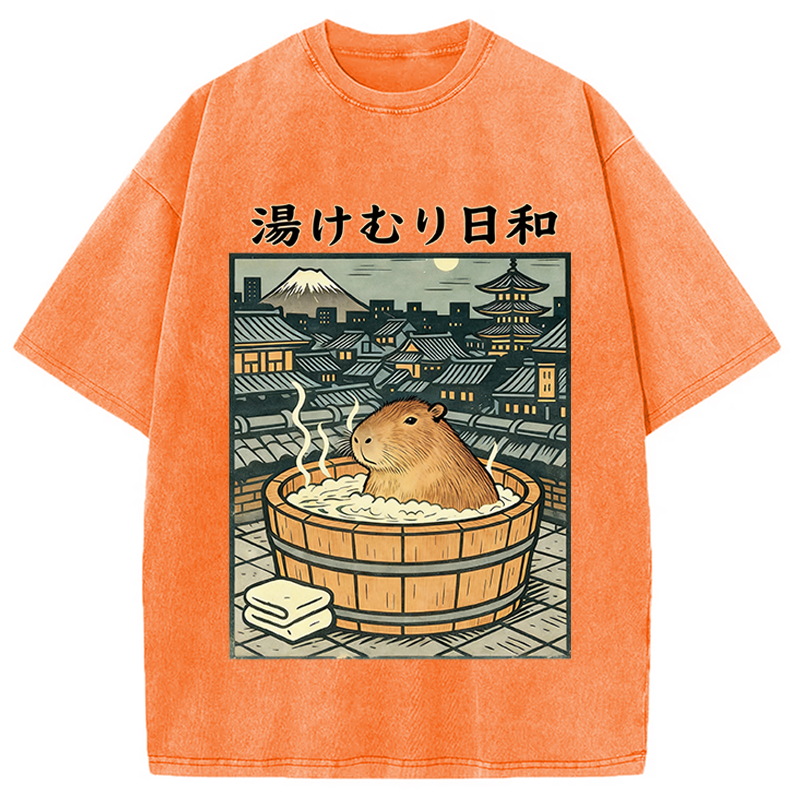Modecanvas Capybara Bath DTG Printing Washed T-Shirt