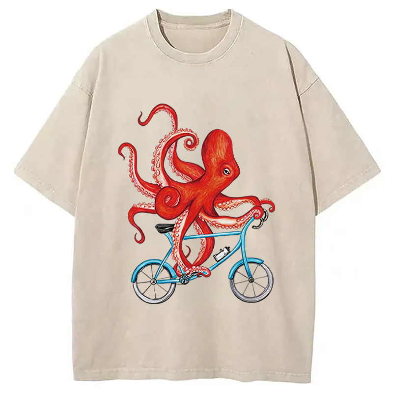 Modecanvas Octopus On A Bicycle Parody Meme DTG Printing Washed T-Shirt-modecanvas