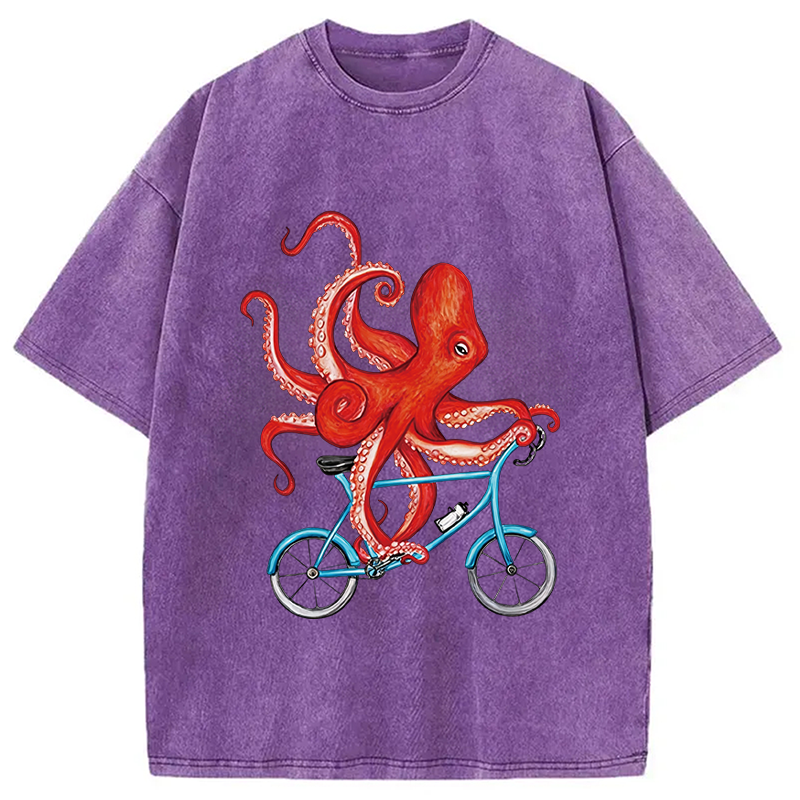 Modecanvas Octopus On A Bicycle Parody Meme DTG Printing Washed T-Shirt-modecanvas