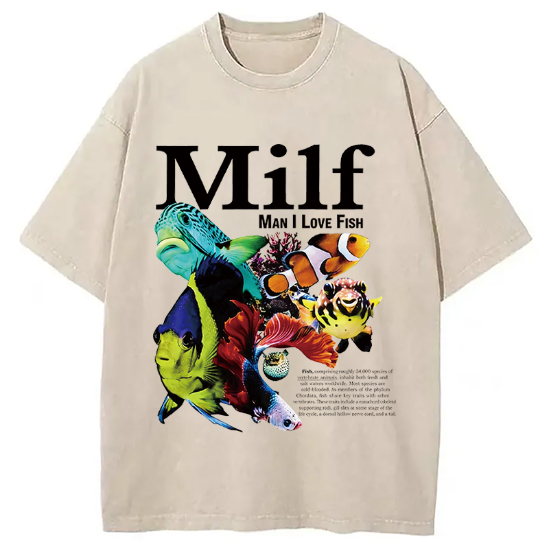 Modecanvas Man I Love Fish Vintage Meme Washed T-Shirt-modecanvas