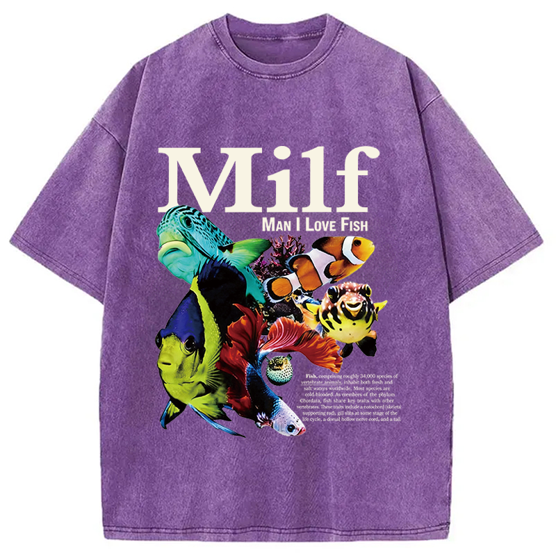 Modecanvas Man I Love Fish Vintage Meme Washed T-Shirt-modecanvas