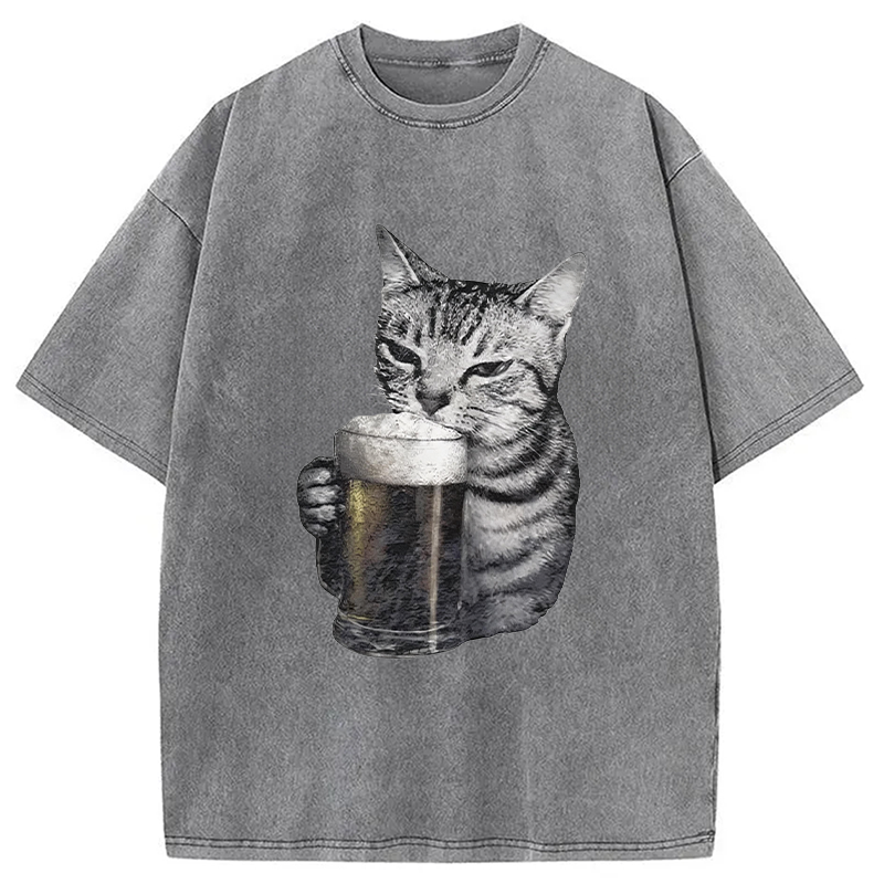 Modecanvas Cheers With The Cat Washed T-Shirt-modecanvas