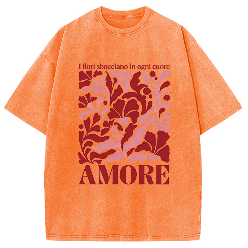 Modecanvas Red Floral Amore DTG Printing Washed T-Shirt-modecanvas