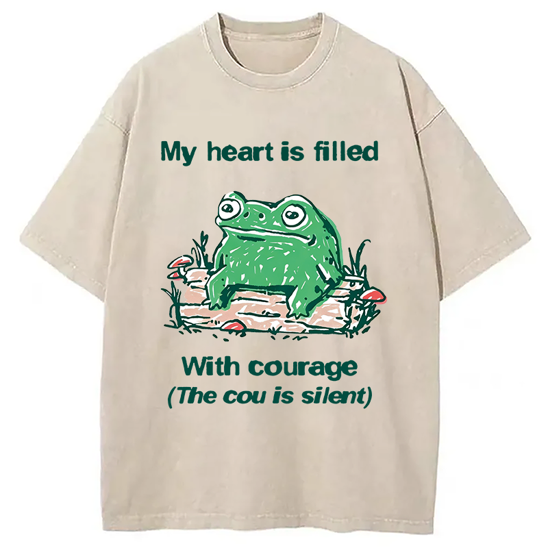 Modecanvas My Heart Is Filled With Courage Frog DTG Printing Washed T-Shirt-modecanvas