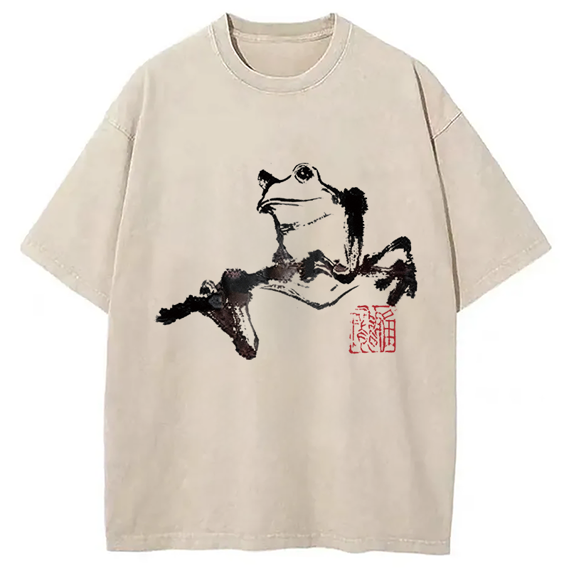 Modecanvas Sad Frog DTG Printing Washed T-Shirt-modecanvas