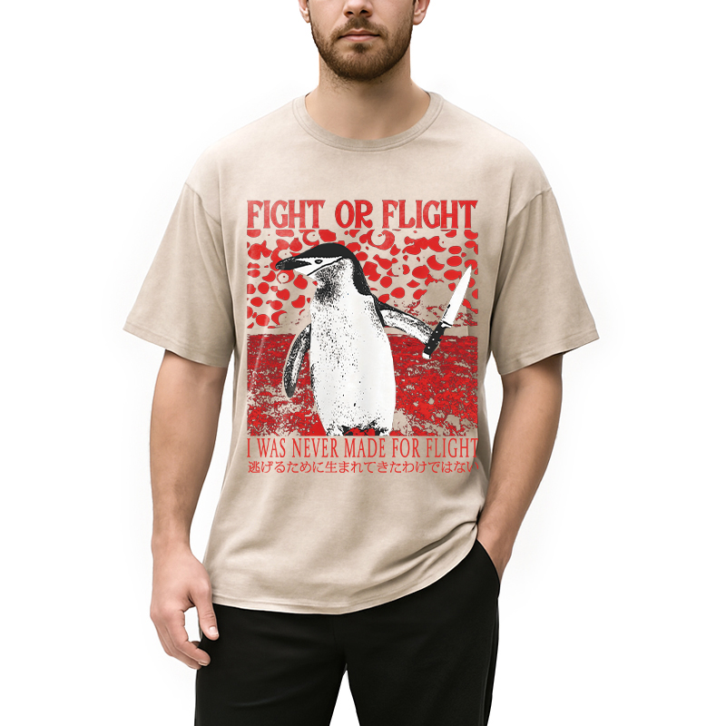 Modecanvas Vintage Japanese Funny Penguin DTG Printing Washed T-Shirt-modecanvas