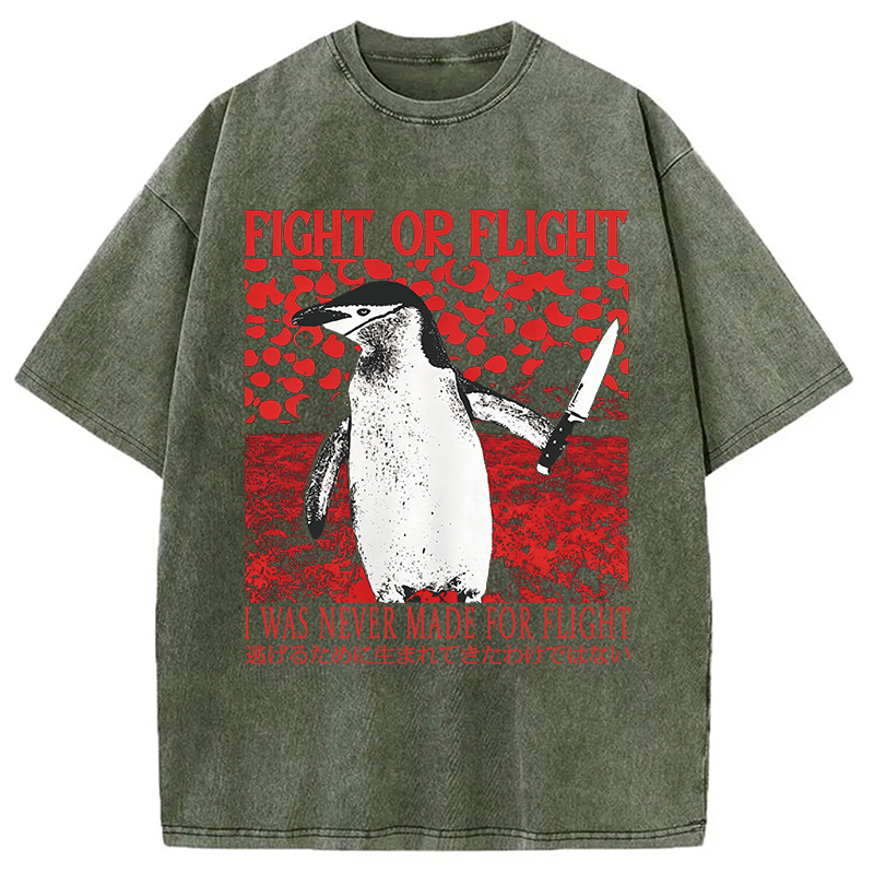 Modecanvas Vintage Japanese Funny Penguin DTG Printing Washed T-Shirt-modecanvas
