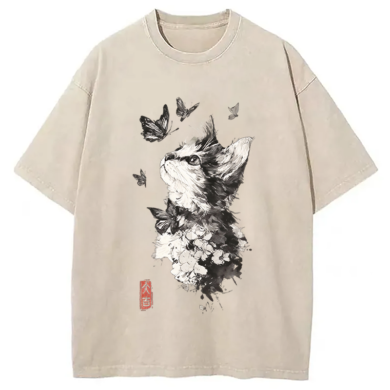 Modecanvas Butterfly and Cat Gaze DTG Printing Washed T-Shirt-modecanvas