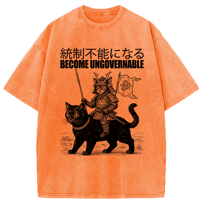 Modecanvas Become Ungovernable Japanese Funny Cat Samurai Riding A Cat DTG Printing Washed T-Shirt-modecanvas