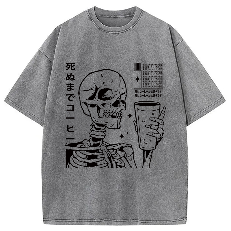 Modecanvas Japanese Skeleton Coffee DTG Printing Washed T-Shirt-modecanvas