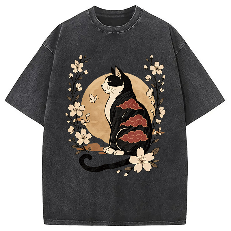 Modecanvas Kawaii Japanese Cat DTG Printing Washed T-Shirt-modecanvas