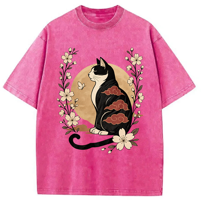 Modecanvas Kawaii Japanese Cat DTG Printing Washed T-Shirt-modecanvas