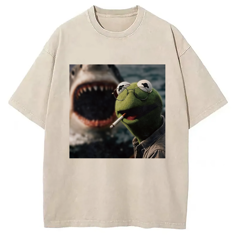 Modecanvas Smoking Frog Meme DTG Printing Washed T-Shirt-modecanvas
