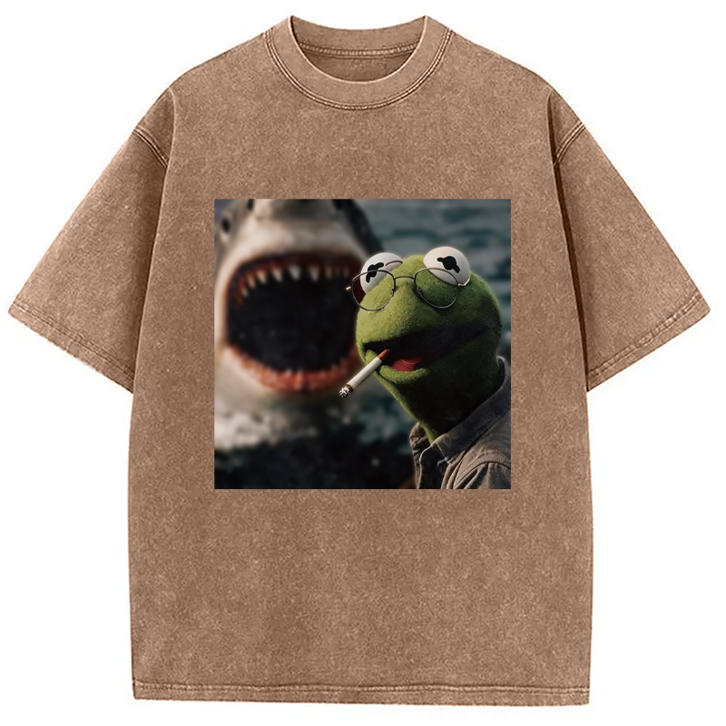 Modecanvas Smoking Frog Meme DTG Printing Washed T-Shirt-modecanvas