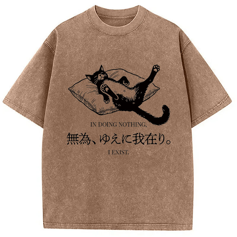 Modecanvas Minimalist Lazy Cat DTG Printing Washed T-Shirt-modecanvas
