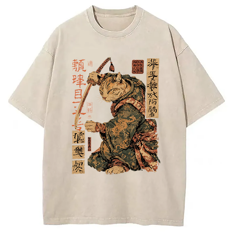 Modecanvas Japanese Katana Warrior Cat DTG Printing Washed T-Shirt-modecanvas