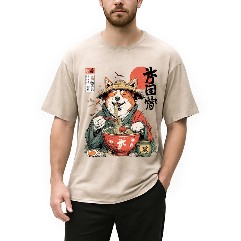 Modecanvas Corgi Eating Ramen DTG Printing Washed T-Shirt-modecanvas