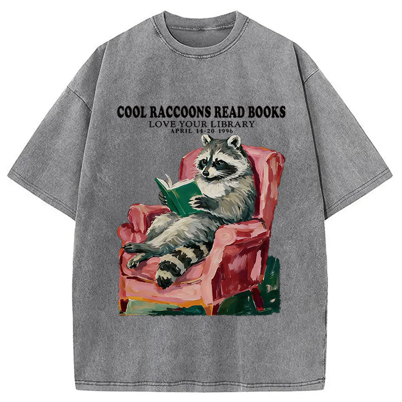 Modecanvas Cool Raccoon Reads DTG Printing Washed T-Shirt-modecanvas